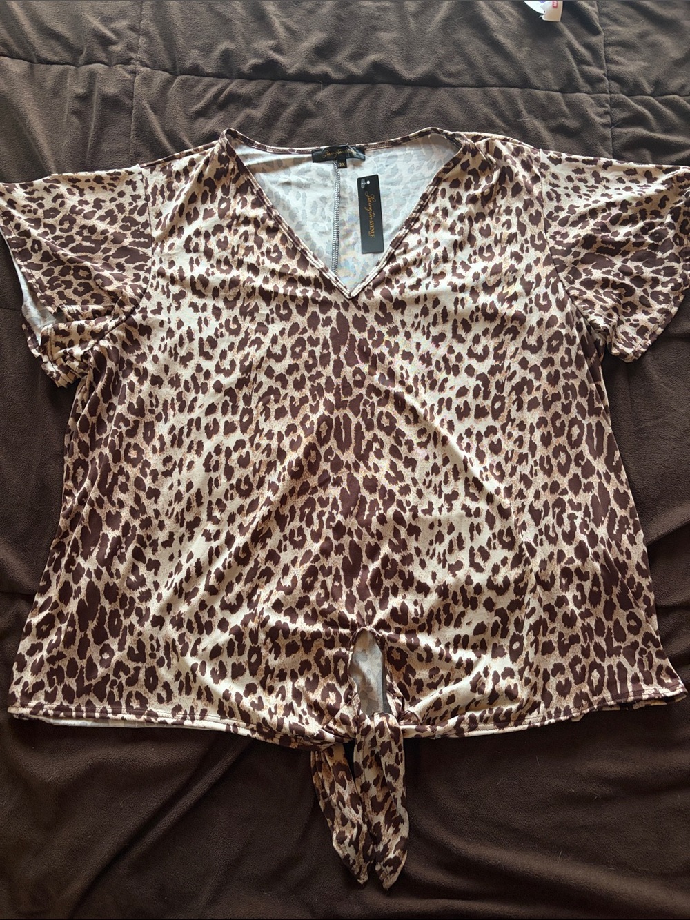 Worthington Leopard Print V-Neck Tie-Front Top - Brown/Cream